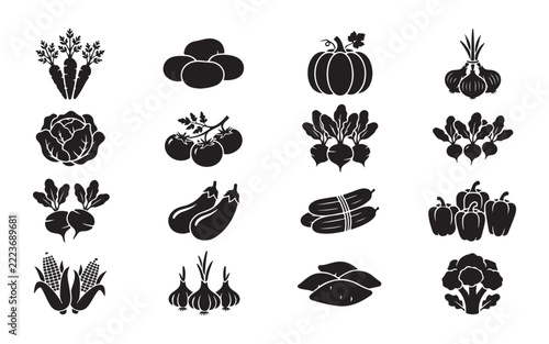 Black silhouette vegetable icons portraying farm harvest for healthy food menu design applications.