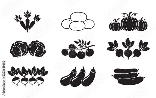 Vegetable icon set including carrots potatoes pumpkins cabbage tomatoes beets eggplants and cucumbers.