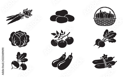 Organic vegetable harvest icons featuring carrots potatoes pumpkins in basket tomatoes beets cucumbers.