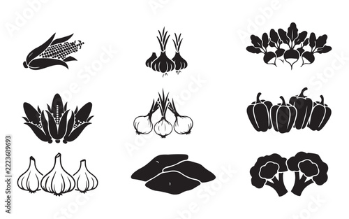 Fresh produce silhouettes including corn onions beets garlic potatoes and broccoli for farm branding.