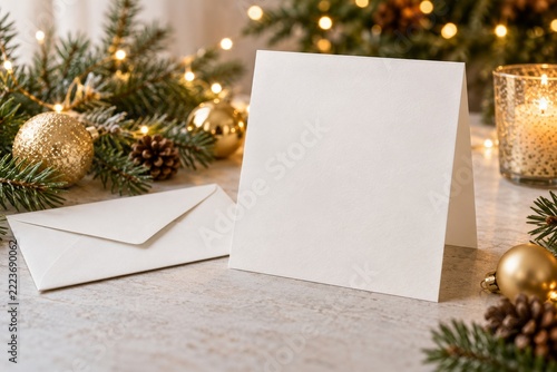 Blank Christmas Greeting Card Mockup with Envelope and Golden Holiday Decor