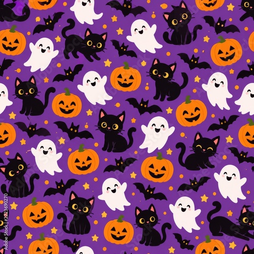 Cute Halloween cats ghosts pumpkins and bats pattern on a purple background