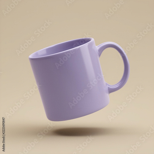 Minimalist lavender ceramic coffee mug floating in midair with glossy finish and soft shadow on a warm beige background, isolated modern drinkware mockup with copy space
