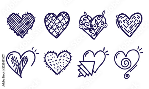 Hand drawn heart doodle set, sketchy woven crosshatch, leafy vine, geometric arrowhead and spiky love symbols line art illustrations isolated on white background
