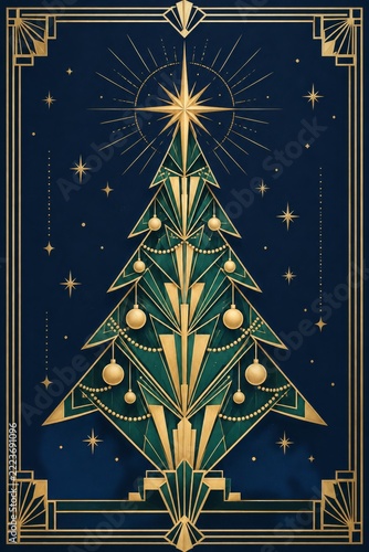 Art Deco Christmas Card with Geometric Tree and Gold Border on Navy