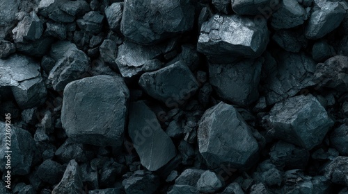 Top down macro of dense pile of black anthracite coal fragments with sharp broken edges and subtle metallic sheen, moody low key texture background