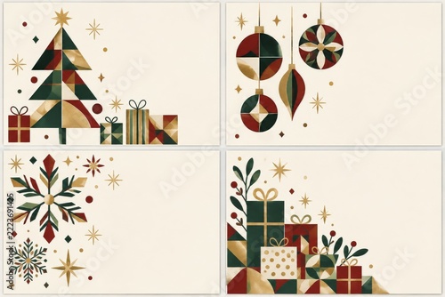 Geometric Holiday Card Layouts with Trees Ornaments and Wrapped Gifts