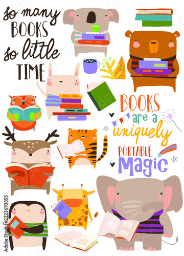 Cartoon Set With Funny Animals and Books
