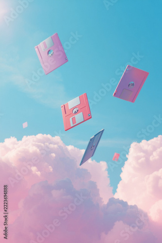 Pastel colored floppy disks floating in dreamy clouds and pink sky Y2K aesthetic background