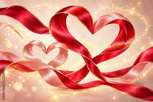 Flowing red and blush satin ribbons forming magical heart shapes