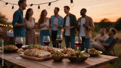 Cozy outdoor summer dinner party with friends and red wine