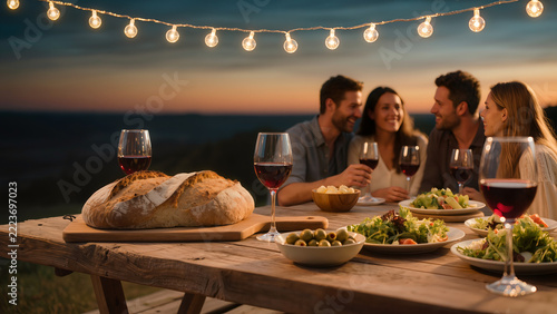 Cozy outdoor summer dinner party with friends and red wine