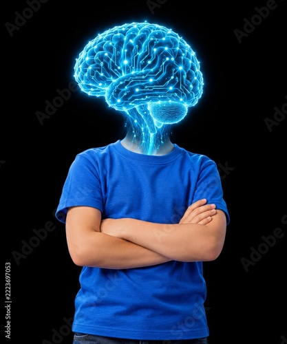 Child with Folded Arms and Glowing Circuit Brain on Black Background