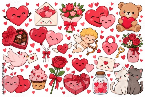 Cute hand drawn Valentine sticker collection with smiling romantic elements