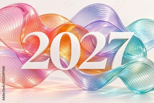 White New Year numerals over fluid multicolored ribbed glass shapes