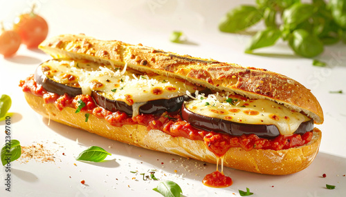 Eggplant cutlets parmesan sub sandwich with tomato sauce and melted parmesan cheese. ai