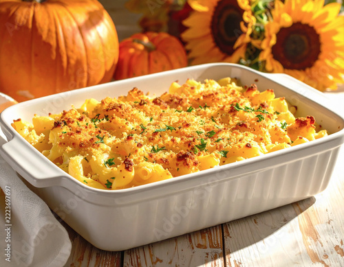 Autumn baked macaroni and cheese in a white casserole baking dish on a wooden table. ai