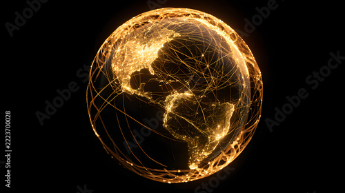 A vivid golden globe with intertwining light networks, indicating global communication and interconnected world systems