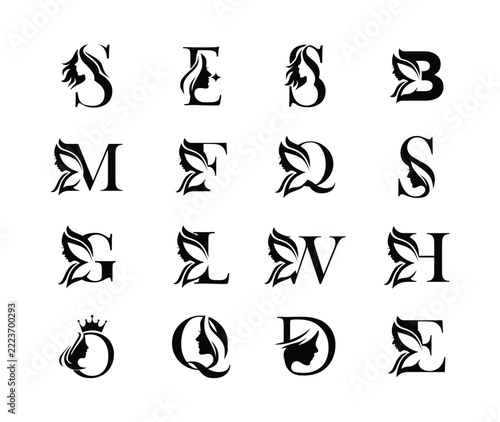 Beauty Woman Face Monogram Logo Set with Butterfly Letters Alphabet for Salon, Spa, and Cosmetics Vector