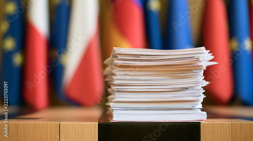 A stack of paper documents sits on a wooden desk, flanked by European flags, serving as a backdrop for discussions on European legislation and policies.