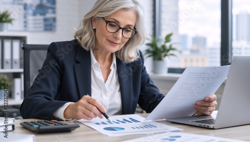 senior accountant analyzing annual revenue charts beside a laptop and calculator, close portrait with subtle accounting documents softly visible in background, neutral white and navy corporate palette
