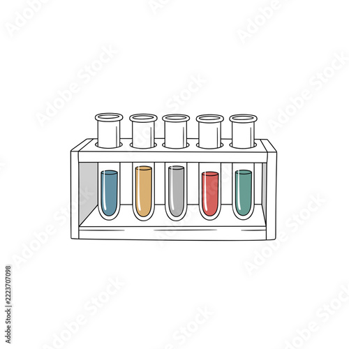 Five test tubes with colored liquids in a laboratory setup  