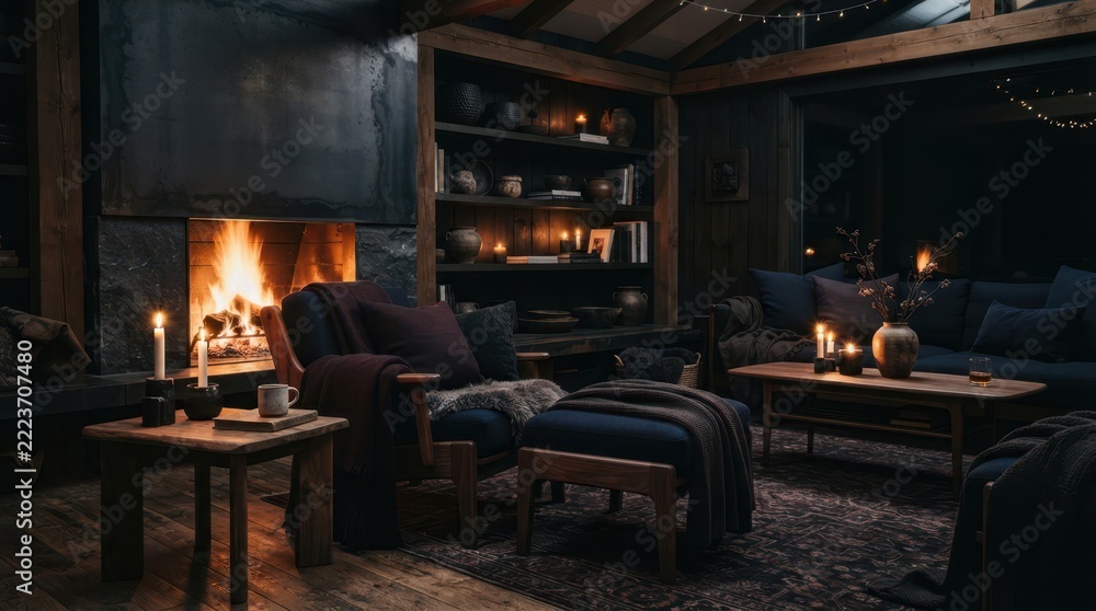 Naklejka premium Moody Scandinavian lounge with a glowing fireplace, candlelight, and deep blue furnishings