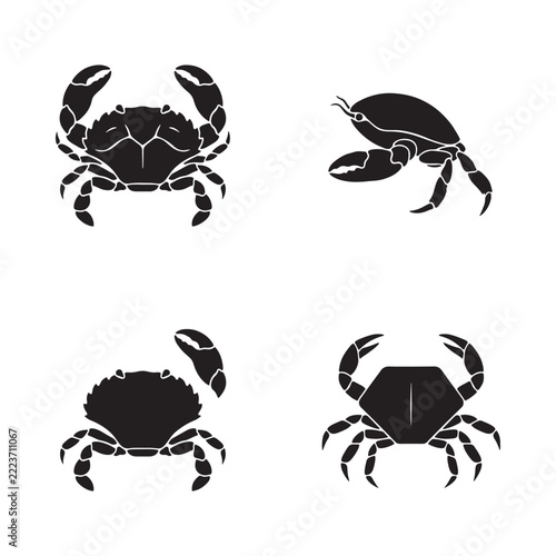 Black crab silhouettes arranged on a white background marine invertebrate depictions