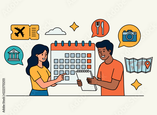 A man and a woman planning a trip, with a calendar and the items they will need for it, Man and Woman Planning a Trip Together with a Calendar, Travel Essentials, Luggage and Vacation Checklist