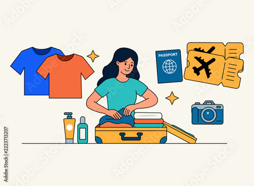 A young woman packing items needed for a trip into her suitcase, planning what to take along. Organized Suitcase and Travel Documents for Trip Planning