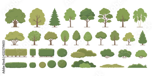 Set of flat green trees and garden bushes for landscape design and nature illustrations in a simple vector style