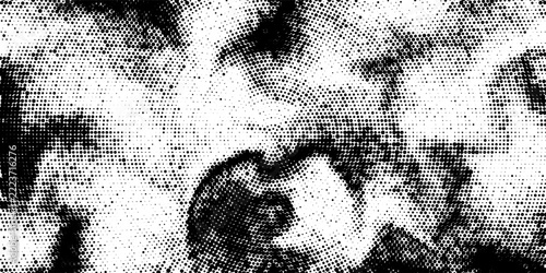 Black and white rough distressed halftone dot pattern featuring grunge ink splatter texture abstract vector background eps10