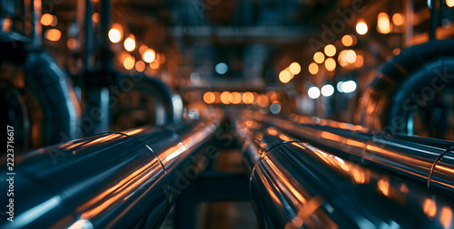 Detail of gleaming metal pipes in an industrial complex. Steel conduits traverse the factory floor alongside orange out-of-focus lighting. A modern manufacturing site reveals its energy systems, gas n