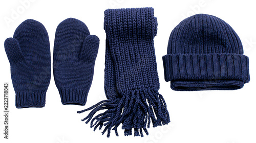 Obraz na plátně Isolated cozy navy blue knitted winter accessories set with hat, scarf, and mittens