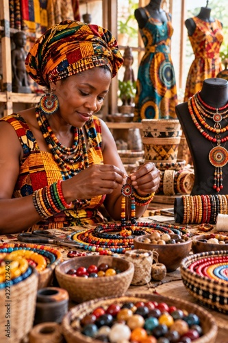 African woman crafting traditional colorful bead jewelry at market stall