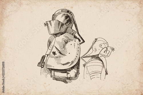 Vintage Saxon Tournament Armor with Helmet and Shoulder Reinforcement Illustration