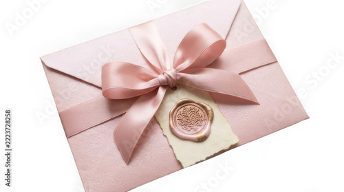 Elegant pink invitation envelope with satin ribbon and wax seal for