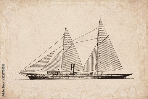 Vintage 19th Century American Sailing Yacht Wanda Illustration