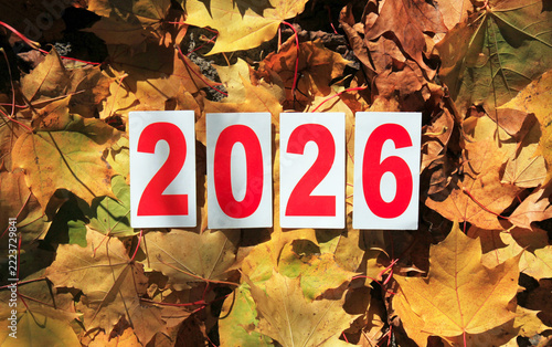 Autumn of 2026 year. Paper square numbers on the yellow maple leaves background. Coming fall. Autumn time in town, celebration concept. Outside walking in autumn forest in 2026. Falt leaves in park