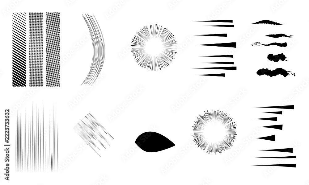 Fototapeta premium Comic Action Lines and Halftone Panel Set Black and White Vector