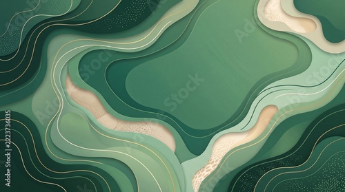 Abstract Layered Papercut Background with Emerald Green Fluid Shapes and Gold Line Accents. Golf