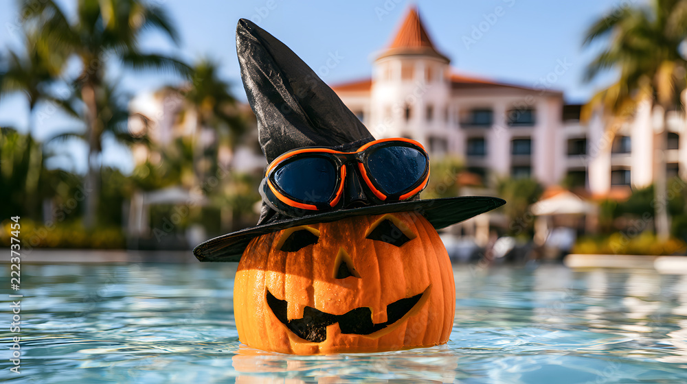 Fototapeta premium A carved Halloween pumpkin adorned with a witch's hat and goggles drifts in a pool set against a sky of hotel rooftops and palm trees on a sunny day