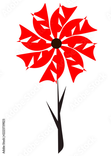 Red geometric flower abstract illustration on transparent background. Isolated conceptual floral element clip art design.
