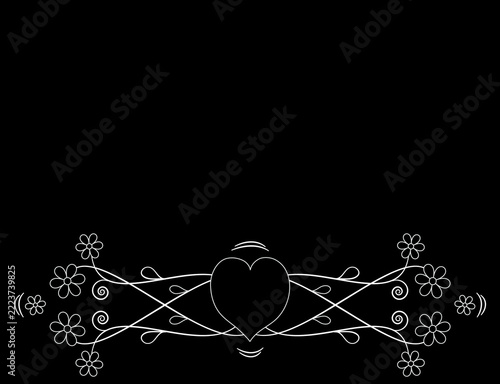 Black condolence card background with white geometric heart ornament and copy space. Isolated funeral floral swirl frame element design.