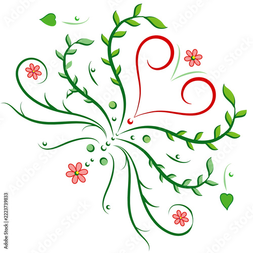 Red heart illustration ornament with green leaves vines 