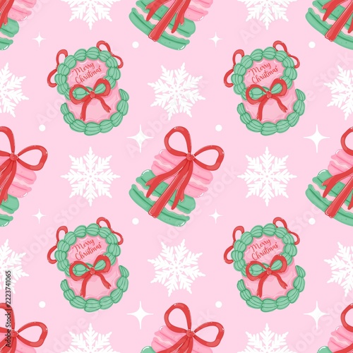 Cute Christmas Seamless Pattern with Macarons, Cake, Wreath and Snowflake