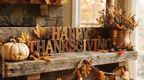 Rustic wooden mantle decorated with happy thanksgiving lettering and fall pumpkins.