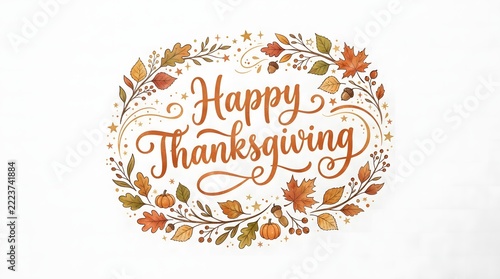 Happy thanksgiving lettering with decorative autumn floral frame on plain background.