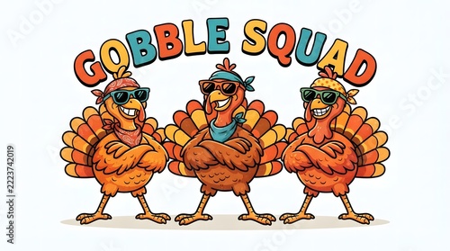 Gobble squad turkeys with bandanas and sunglasses, funny thanksgiving design.