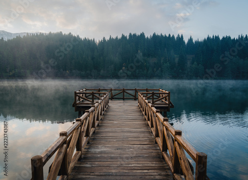 Wooden pier reaching into Savsat Karagol lake in Artvin, Turkey, with morning mist over the water and a dense fir forest on the far shore
